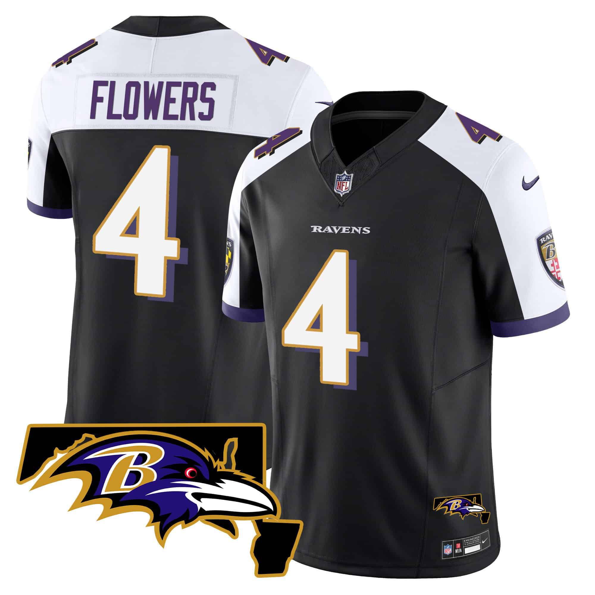 Men Baltimore Ravens #4 Flowers Black 2024 Nike Maryland Patch Vapor Limited NFL Jersey